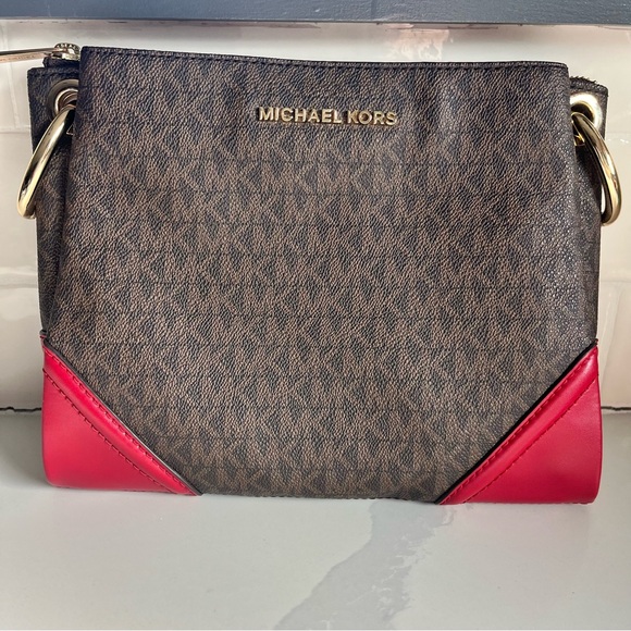 Michael Kors Handbags - Michael Kors Nicole Large Brown Signature Logo and Merlot Leather Trim Crossbody